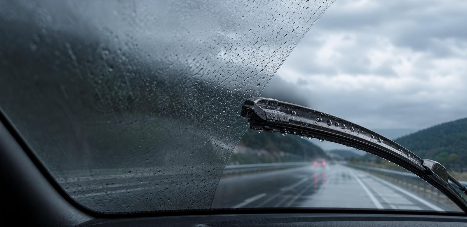 Premium wiper blade clearing rain from a windshield
